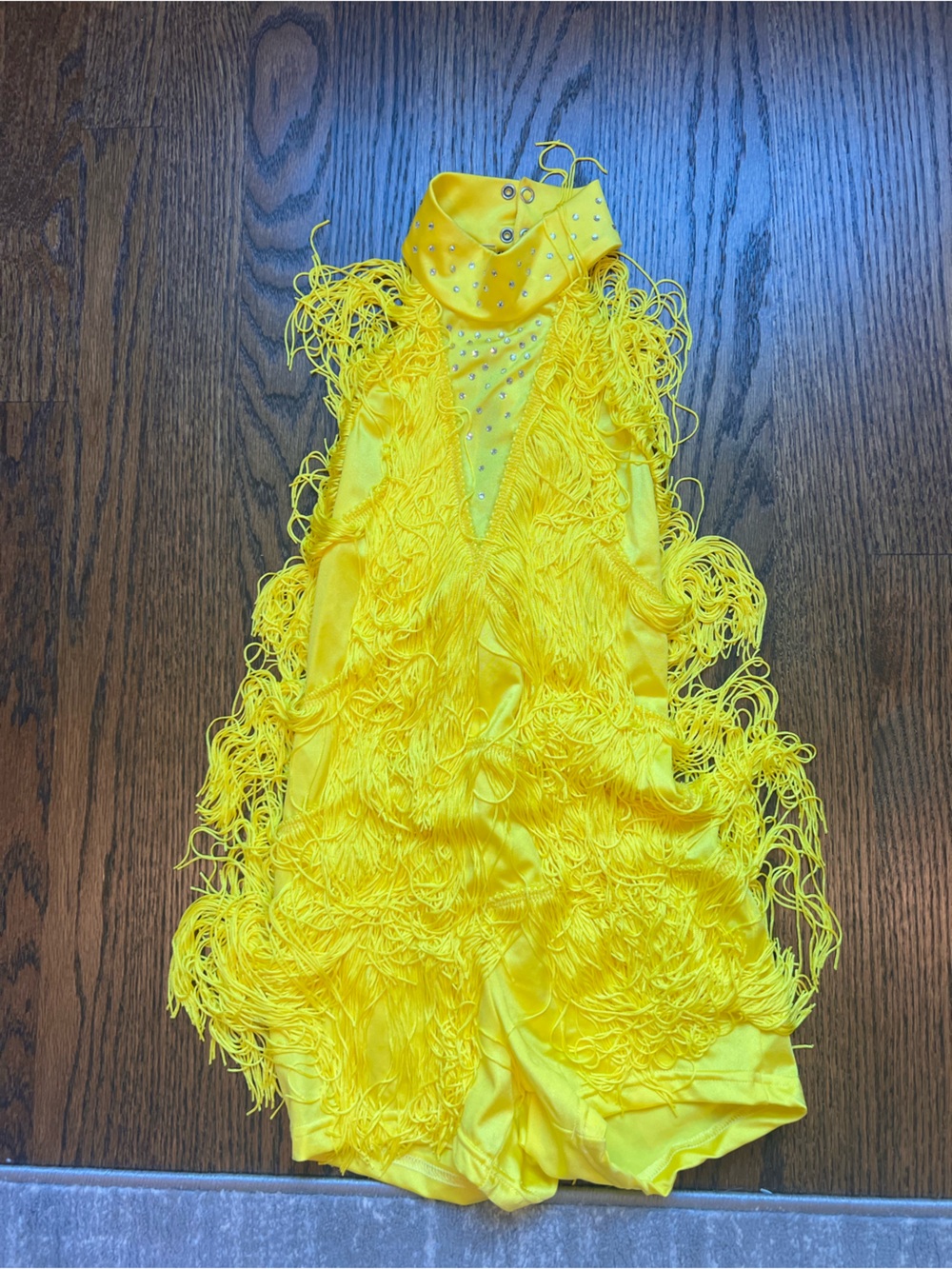 Weissman Yellow Rhinestone Fringe Bodysuit. MC